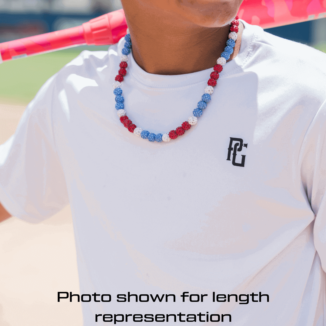 Code Red Iced Out Baseball Bead Necklace | White, Black, & Red